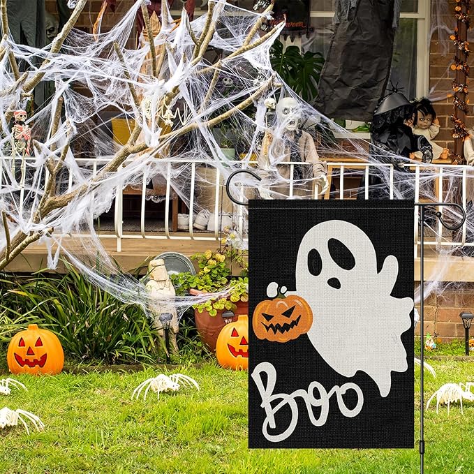 Halloween Ghost Garden Flag 12x18 Inch Double Sided Outside, Spooky Boo Garden Flag Welcome Holiday Yard Outdoor Decoration