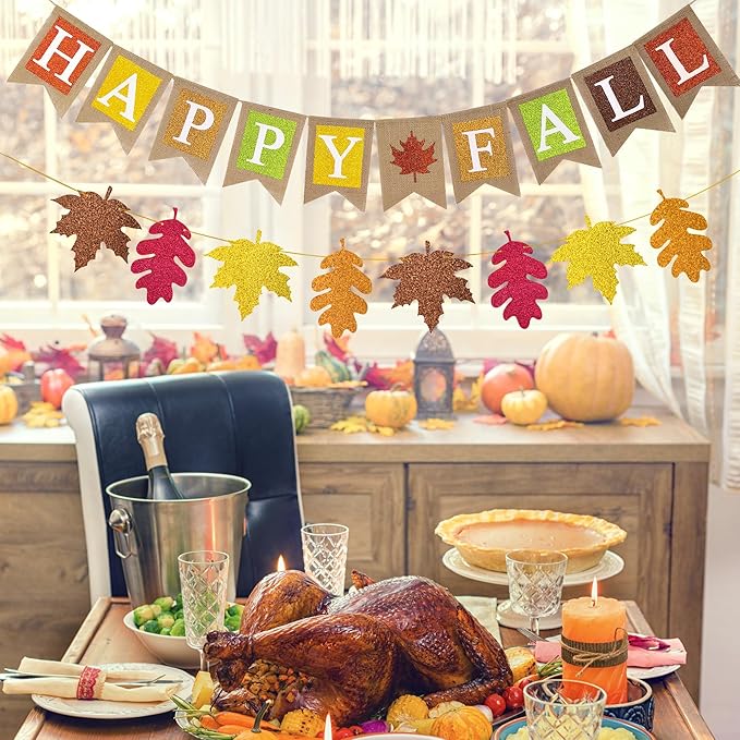 Happy Fall Burlap Banner Glitter Maple Leaf Paper Banner Pre-Assembled Rustic Bunting Garland Hanging Decorations for Autumn Harvest Thanksgiving Home Office School Party Supplie