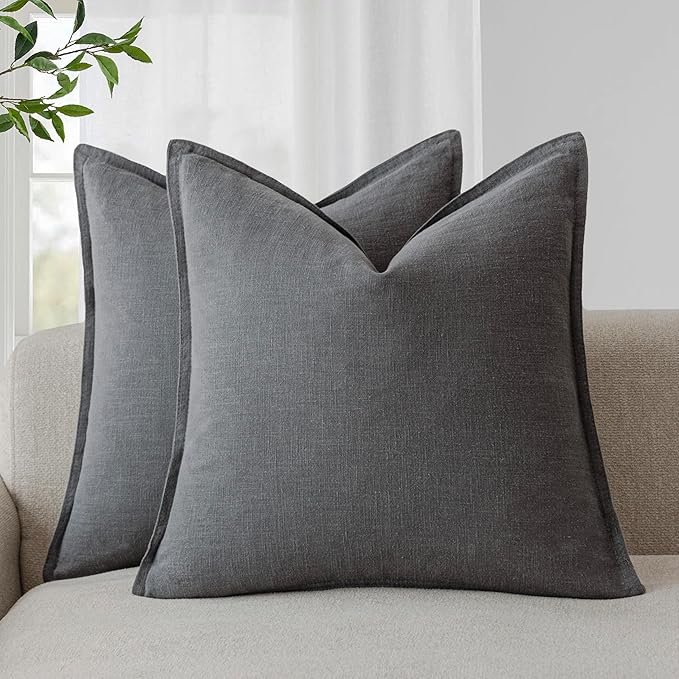 Foindtower Pack of 2, Decorative Linen Soild Throw Pillow Covers Soft Accent Square Cushion Case Boho Farmhouse Pillowcase for Chair Couch Sofa Bedroom Living Room Home Decor 26 x 26 Inch Grey