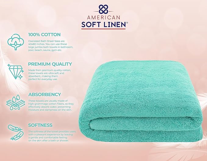 American Soft Linen Oversized Bath Sheet 40x80 Extra Large for Bathroom, 600 GSM 100% Cotton Turkish Jumbo Bathsheet Towels for Adults, Turquoise Bath Sheet