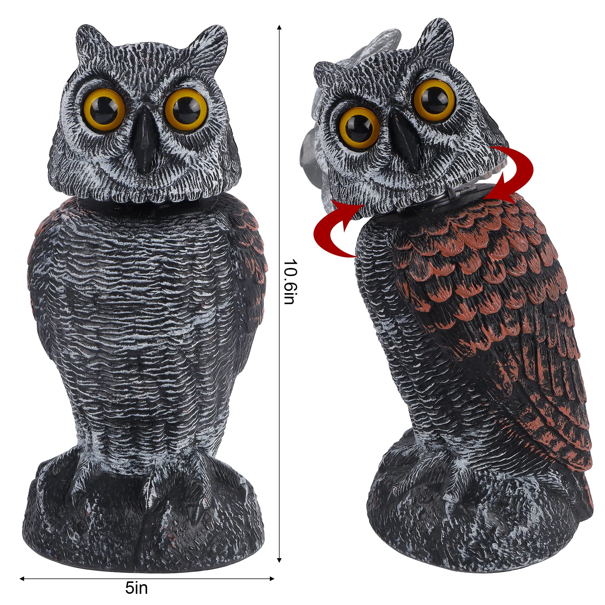 Hausse 2 Pack Fake Owl Decoys to Scare Birds Away, Rotating Head Plastic Owl Bird Deterrents, 10.6 Inch Height Bird Scarecrow Nature Enemy Horned Pest Repellent for Outdoor Garden Yard