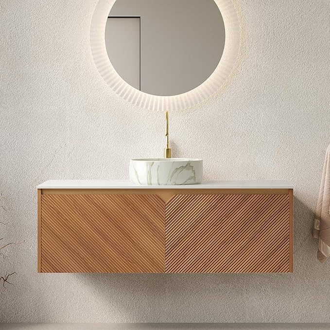 48 Inch Bathroom Vanity with Sink, Floating Fluted Vanity with Vessel Sink, Modern Wall Mounted Bathroom Vanity Cabinet with 2 Doors, Ceramic Sink with Stone Pattern & Sintered Stone Top, Oak