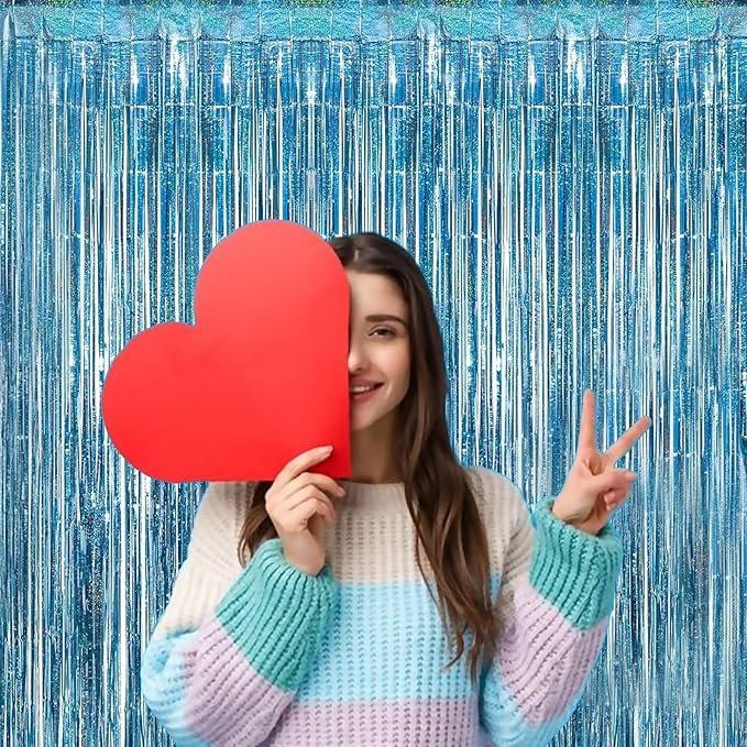 Blue Streamers for Party Decorations - 3 Pack 3.3ft x 8.3ft Tinsel Curtains for Bluey Birthday and Winter Wonderland Occasions