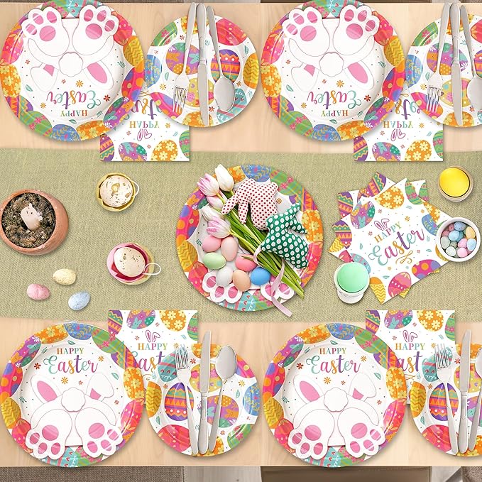 Happy Easter Plates and Napkins, 72PCS Colorful Easter Party Supplies, Bunny and Eggs Disposable Paper Plates, Spring Party Supplies, Rabbits Easter Party Decorations Serves 24