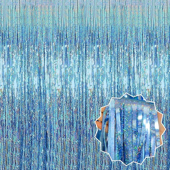 6 Pack Light Blue Foil Fringe Curtains Backdrop, 3.28 x 8.2 Ft Metallic Streamers Tinsel Curtains Background for Photo Booth, Birthday, Christmas, Halloween, Thanksgiving, New Year Party Decorations