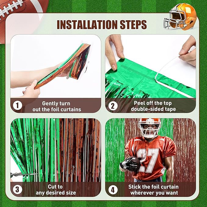 2Pack Football Party Decorations, 3.3 FT x 6.6 FT Tinsel Backdrop, Brown Green Foil Fringe Curtains Metallic Party Streamer, Football Game Day Decors 2026 Party Supplies Photo Booth Birthday Decors