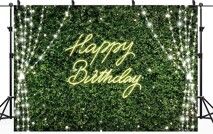 Riyidecor Green Happy Birthday Backdrop Polyester Fabric for Woman Rustic Spring Leaf Grass Neon 8Wx6H Feet Plant Botanical Leaves Nature Photography Background Birthday Baby Shower Photo Studio Shoot