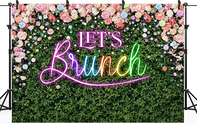 Riyidecor Green Leaves Let's Brunch Backdrop Polyester Fabric Neon Pink Rainbow Floral 7Wx5H Feet Greenery Photography Background Grass Lawn Women Brunch Party Photo Studio Shoot