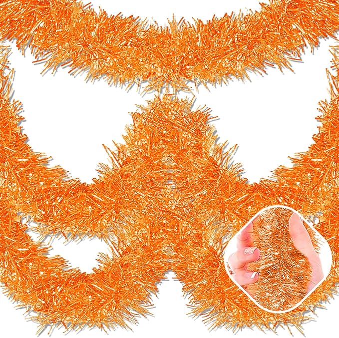 50 Feet Macaron Orange Christmas Tinsel Garland, Metallic Foil Twist Garland Wall Hanging Tinsel Banner Backdrop for Parade Floats, Easter, Mother's Day, Wedding Party Decorations (2in x 50ft)