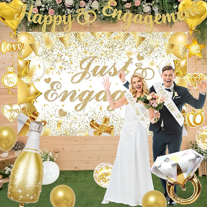 Vlipoeasn Gold Engagement Party Decorations for Couple, Just Engaged Backdrop Banner, Cake Topper, Honeycomb, Hanging Swirls