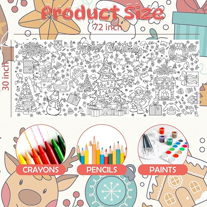 Christmas Giant Coloring Tablecloth,Christmas Crafts for Kids - 72x30 Inches, Paper Coloring Banner Games Activities Gifts Party Decorations