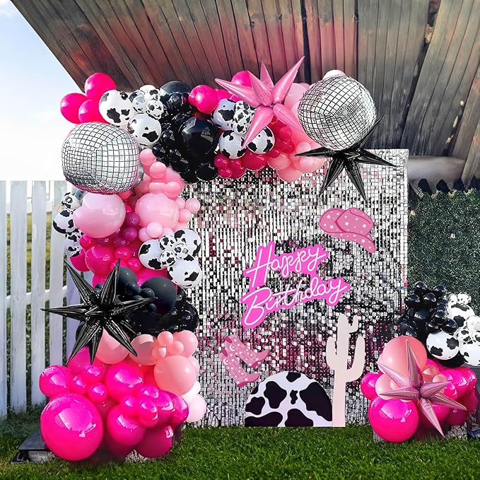 Hot Pink and Black Cowgirl Balloon garland Arch Kit 101Pcs with mylar foil Disco Ball Cow print Balloons for Girl birthday bachelorette party Decorations