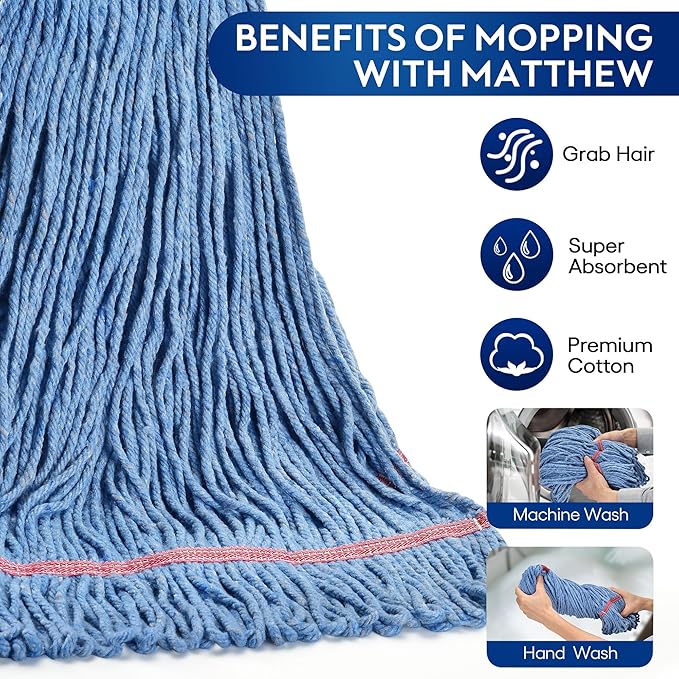 Matthew Cleaning 24oz Heavy Duty Mop Head Commercial Replacement for General and Floor Cleaning, Wet Industrial Blue Cotton Looped End String Head Refill (Case of 12) Blue