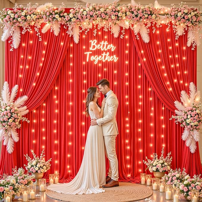 10 x 10 ft Red Backdrop Curtains with Lights String for Wedding Polyester Photo Backdrop Drapes Wrinkle Free Red Long Curtains for Birthday Parties Reception Baby Shower Ceremony-10 x 5ft x 2 Panels