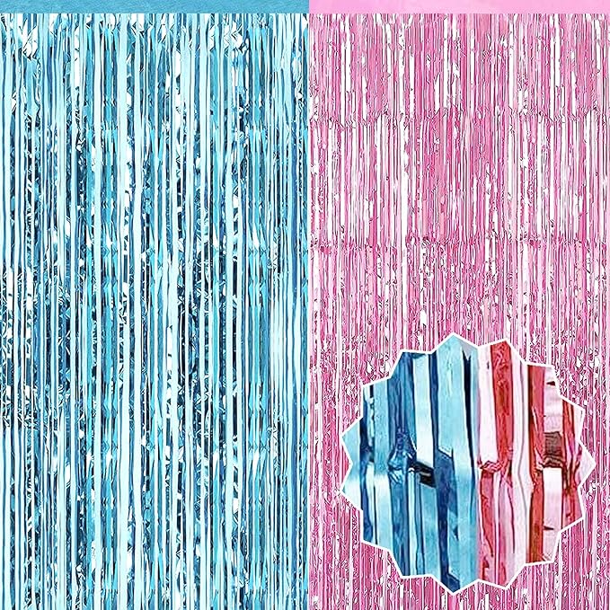 6 Pack Pink Blue Foil Fringe Curtains Backdrop, 3.28 x 8.2 Ft Metallic Streamers Tinsel Curtains Background for Photo Booth, Birthday, Christmas, Halloween, Thanksgiving, New Year Party Decorations