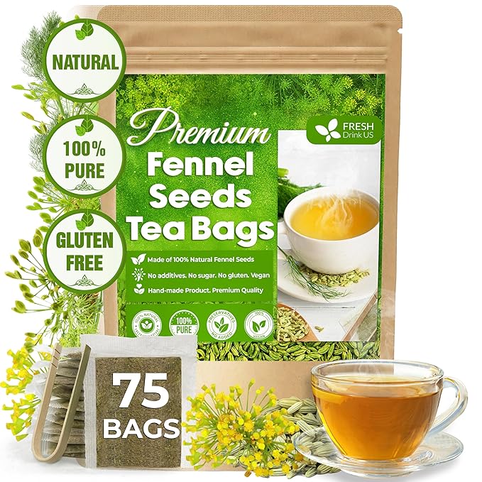 FreshDrinkUS, Premium 75 Fennel Seed Tea Bags – 100% Natural & Pure, Handmade Herbal Tea, Eco-Friendly, Fresh Aroma, Made with Natural Material Tea Bags. No Sugar, No Caffeine, No Gluten, Vegan.