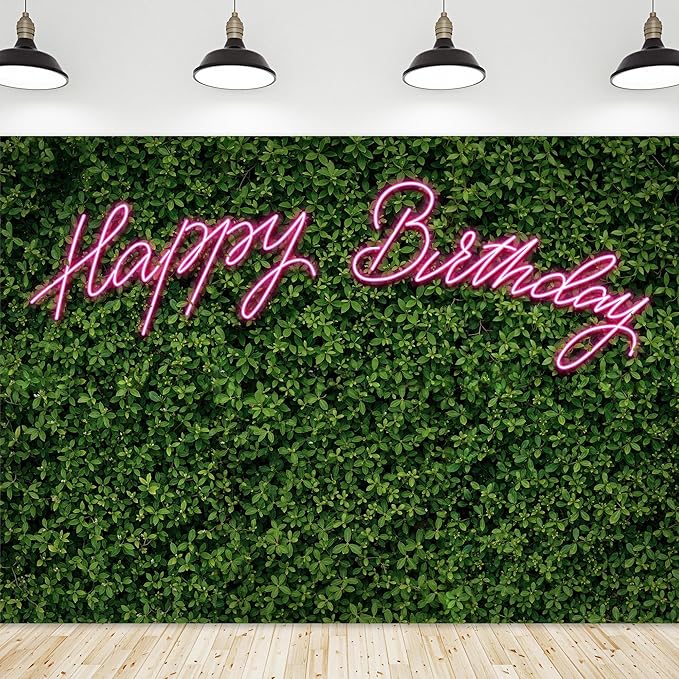 Riyidecor Neon Happy Birthday Backdrop Green Grass Leaf Rustic Spring Leaves Plant 7Wx5H Feet Pink Nature for Woman Photography Background Birthday Party Decoration Photo Studio Shoot Fabric