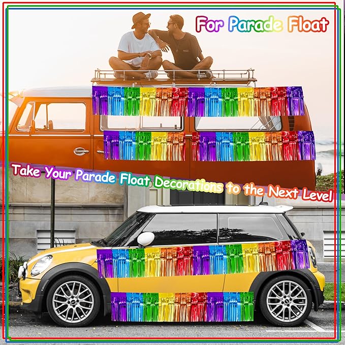 4 Pack 10 Feet Colorful Foil Fringe Garland Rainbow Tinsel Streamers Banner Fringe Curtain Banner for Parade Floats Graduation Homecoming Carnival Birthday Pride Party Decor (Rainbow)