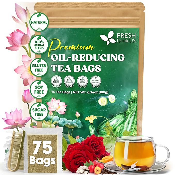 FreshDrinkUS, Oil-Reducing Herbal Tea – 75 Tea Bags | Blend of Winter Melon, Lotus Leaf, Ginger, Hawthorn, Gardenia Fruit, Rose, Cassia Seed & More | Naturally Caffeine-Free | Delicious Hot or Iced