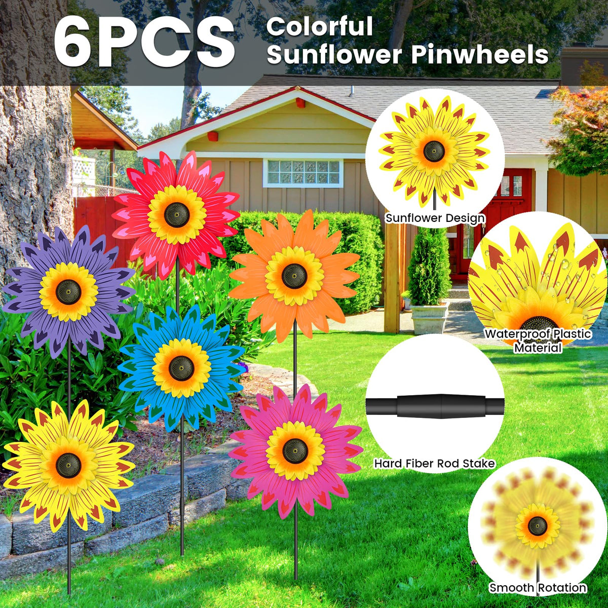 DECEED 6PCS Sunflower Wind Spinners with Stakes 14" W x 29" H Wind Spinners Lawn Pinwheel Sunflower Windmill Outdoor Multicolor Pinwheels for Yard Decoration