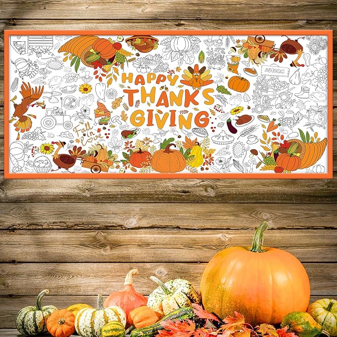 Tbsone Fall Thanksgiving Coloring Tablecloth Poster - 30x72 Inches Giant Paper Banner for Kids - Thanksgiving Crafts, Activities - Ideal for Fall Thanksgiving Party Decorations and Games