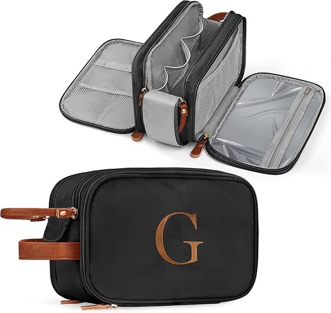YOOLIFE Mens Toiletry Travel Bag - Personalized Monogram Toiletry Bag Water Resistant Dopp Kit, Travel Essentials for Men, Mens Gifts for Boyfriend Father Best Friend Birthday Gifts Letter G Black