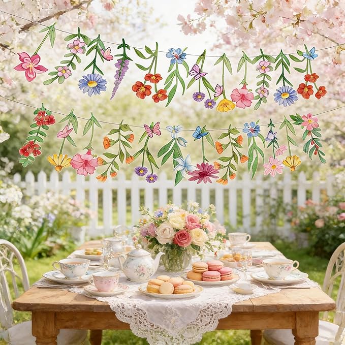 2Pcs Spring Wildflower Party Hanging Decorations, Watercolor Floral Banners Spring Wildflower Cutouts Garland Backdrop for Spring Summer Girls Garden Birthday Wedding Party Decor Supplies, 9.8Ft