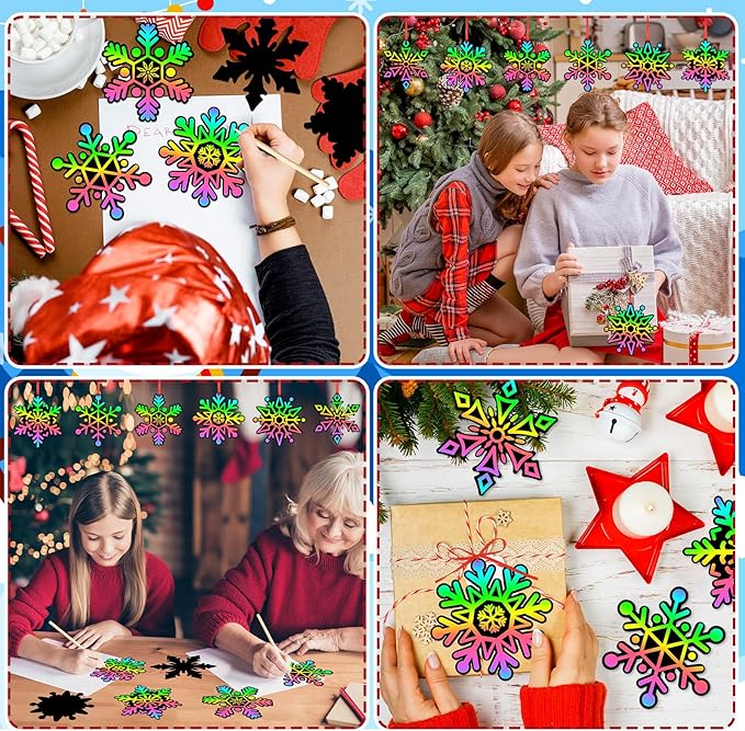 JULMELON 36Pcs Snowflake Scratch Art, Magic Rainbow Scratch Paper Art Winter Holiday Christmas Crafts for School Classroom Activity Christmas Winter Holiday Party Favors Gifts