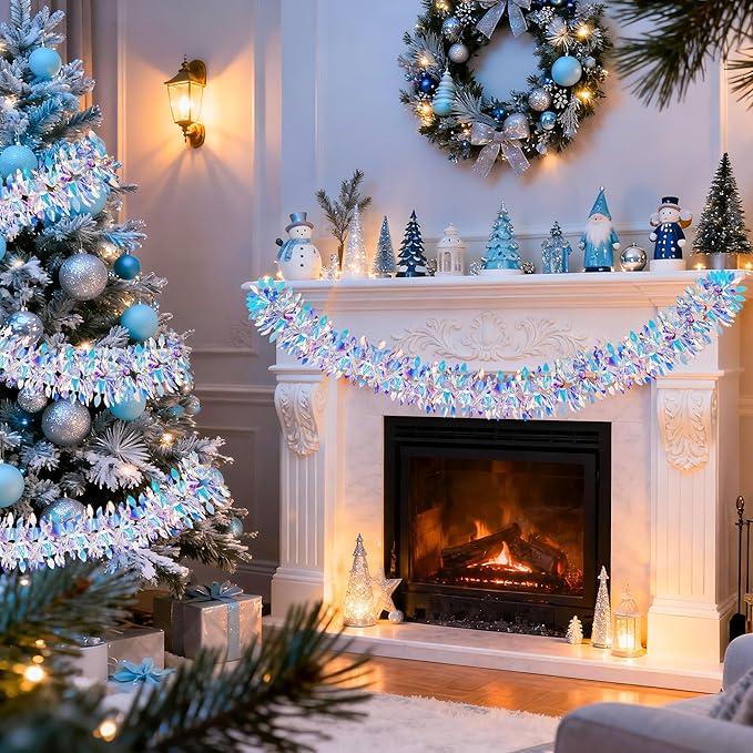 BTSD-home 2 Pack Iridescent Party Decoration Hanging Tinsel Garland Shiny Metallic Foil Reusable Fold-Flat Frozen Themed Party Supplies for Classrooms Bedrooms Pools Windows and Christmas Trees