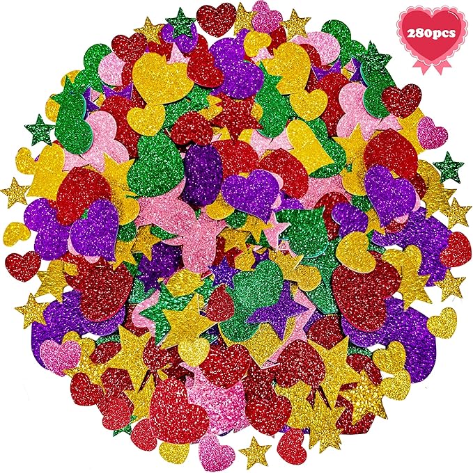Stickers for Kids - 280 PCS Glitter Foam Reward Stickers for Kids Classroom | Self Adhesive Stars Mini Heart Shapes Glitter Stickers for Teachers Students - Arts Craft Scrapbook Supplies Party Favors