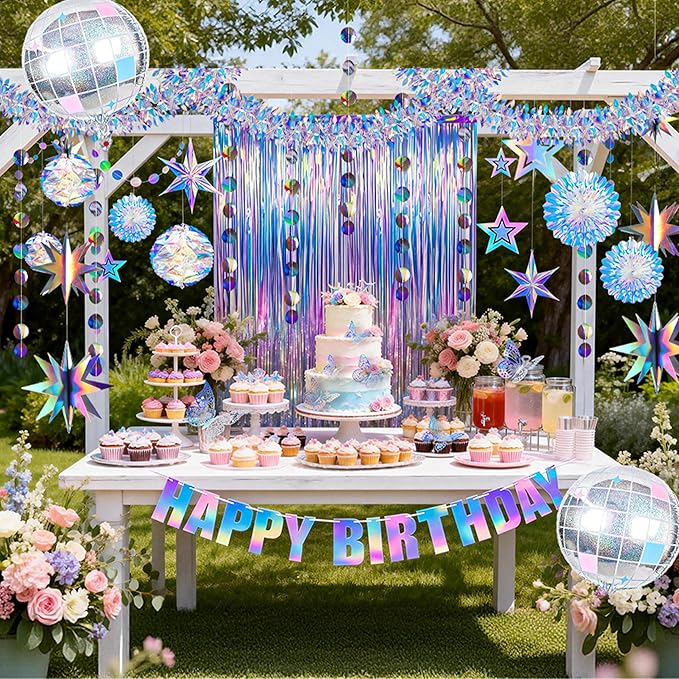 BTSD-home Iridescent Party Decorations 4 Pack Iridescent Garland Circle Dots Tool-Free Hanging Holographic Decor for Birthdays Graduation Christmas and Weddings Photography Background
