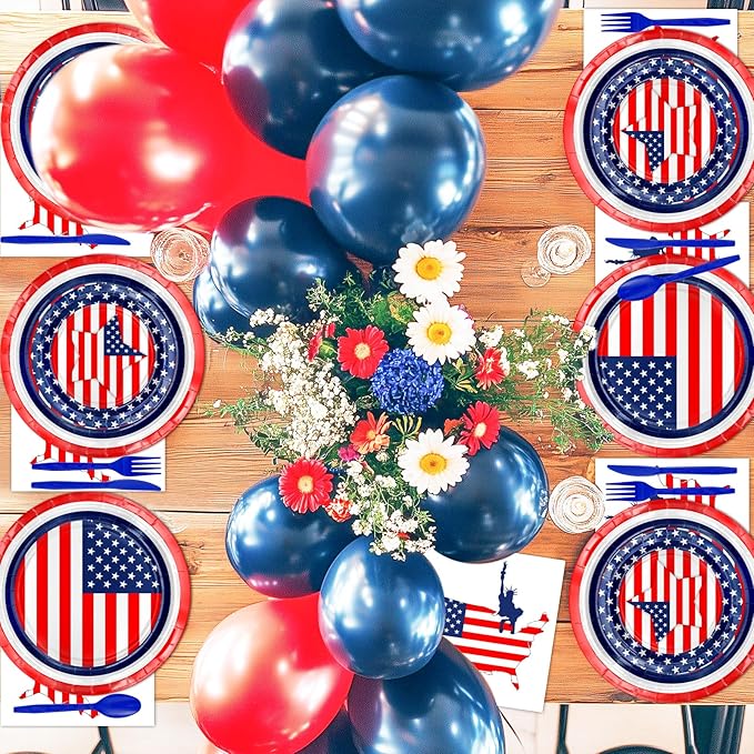 170 Pcs Patriotic American Flag Plates Napkins Cups Tablecloth Banner Red White Blue 4th of July Party Supplies for Flag Day, Veterans Decorations Serve 24