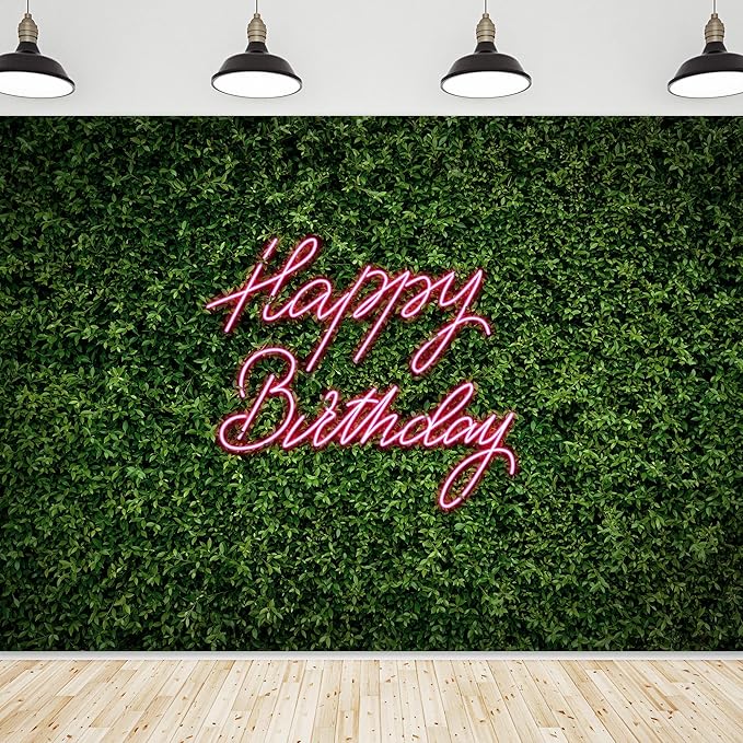 Riyidecor Happy Birthday Backdrop for Women Green Leaves Grass Leaf Girls Spring Plant 7Wx5H Feet Nature Neon Pink Photography Background Birthday Party Decoration Photo Studio Shoot Polyester Fabric
