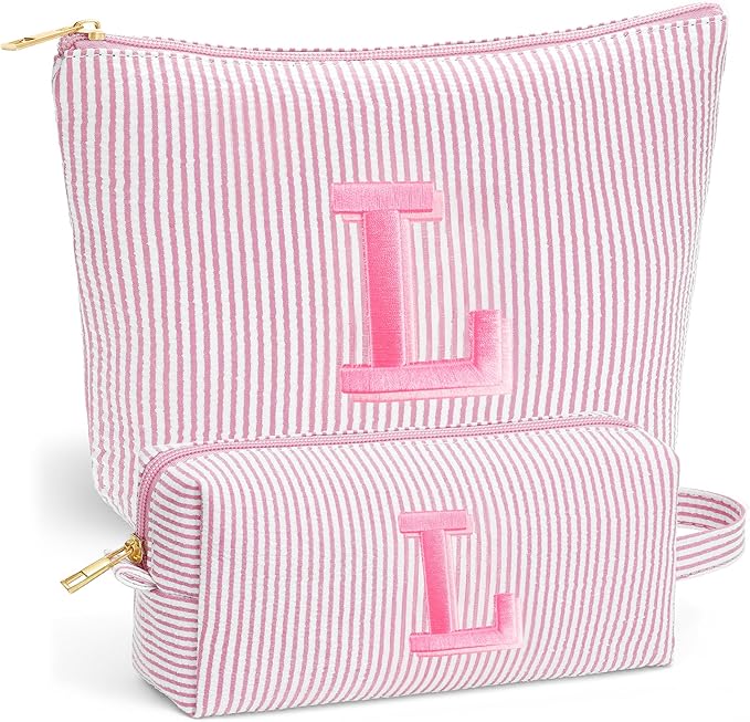Travel Toiletry and Makeup Bag - Travel Essentials for Women, Light Pink Initial Makeup Bags for Hair Ties, Clips, Brushes, Sponges, Lipsticks, Blush, Eyelash Curler, Easy to Carry, Letter L