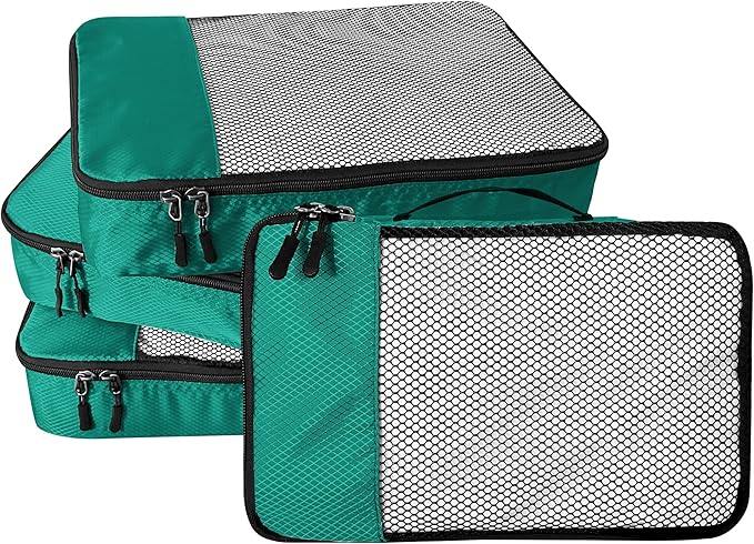 WTREE 4-Piece Packing Cubes Travel Accessories Set for Suitcases - Luggage Organizer Bags with Double Zipper - Mesh Top - Large - Green