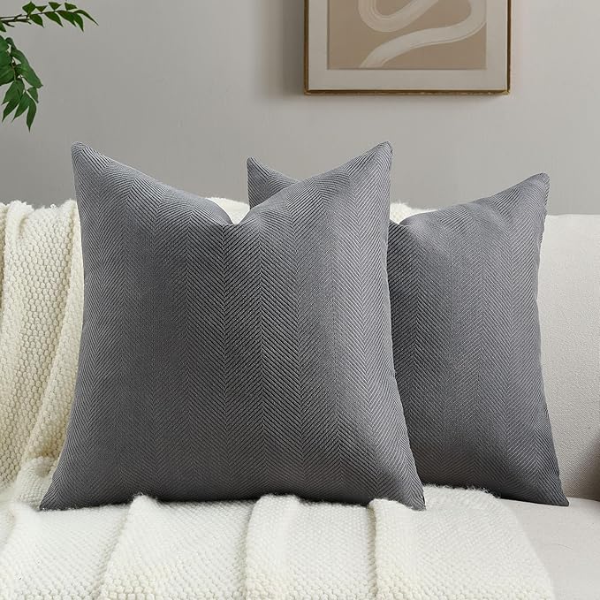 FUTEI Dark Grey Chenille Throw Pillow Covers 16x16 Inch Set of 2,Soft Wide Chevron Textured Cushion Case,Farmhouse Home Decor for Couch Bed Living Room