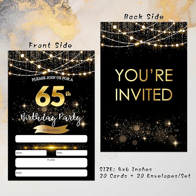 65th Birthday Invitations with Envelopes - Black Gold Glitter Fill-in Invites Cards - Surprise Birthday Party Invitation Card for Him/Her - Adults Birthday Party Favors Supplies Decorations (20 Pack)