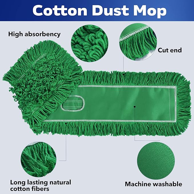 Matthew Cleaning 36'' Industrial Strength Cotton Dust Mop Refill Washable Replacement Heads for Residential & Commercial Use Fit Standard Dust Mop Frames, Hardwood, Concrete Floors Green 1 Pack