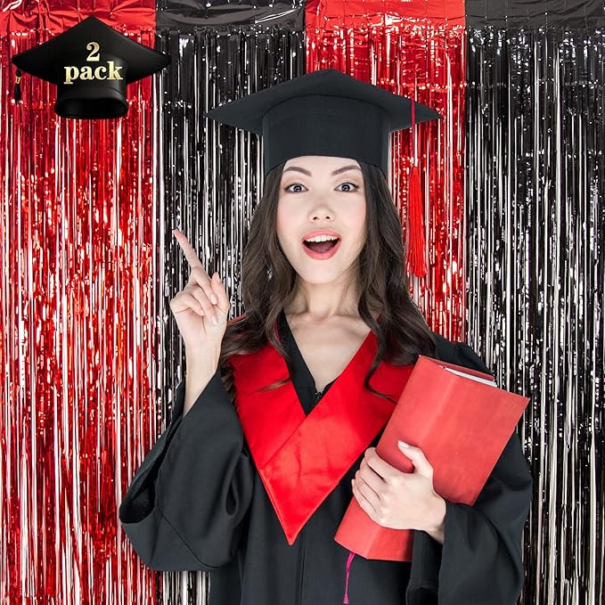LOLStar Graduation Party Decoration, 2 Pack Red and Black 3.3x6.6 ft Foil Fringe Curtains, Tinsel Backdrop, Graduation Photo Booth Prop Streamer Backdrop for Class of 2026, Prom and Grad Party Decor
