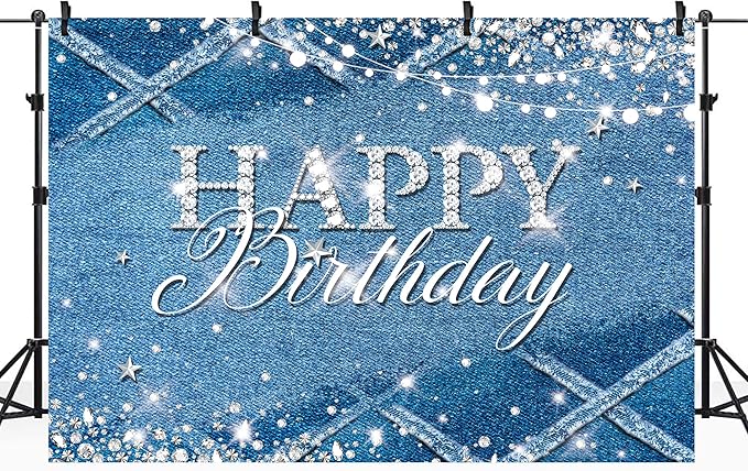 Riyidecor Denim Diamonds Birthday Backdrop for Women Navy Blue Silver Modern Luxury Crystal Sparkle Shining 7Wx5H Feet Girls Photography Background Happy Birthday Photo Studio Shoot Polyester Fabric