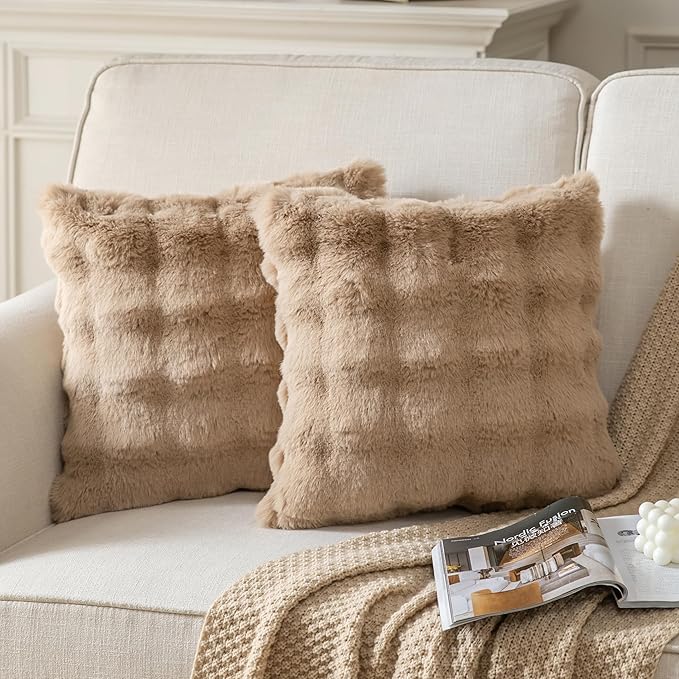 Pack of 2 Thick Plush Throw Pillow Covers Fluffy Wave Faux Fur Decorative Cushion Covers Soft Wool Pillowcase for Sofa Couch Livingroom 18x18 Inch Camel