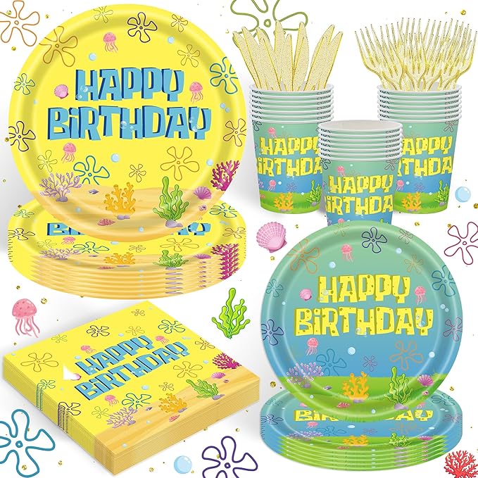 120PCS Yellow Cartoon Party Supplies Ocean Tableware Set for Kids Boys Girls Birthday Party Decorations Yellow Undersea Happy Birthday Themed Napkin Cups Forks Knives for 20 Guests