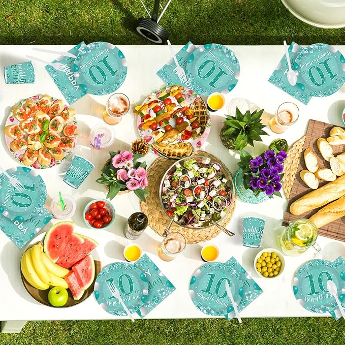 168Pcs 10th Teal and Silver Birthday Party Decorations Double Digits Theme Plates and Napkins Cups Forks Tableware Sets for Boys Girls Green Silver 10 Years Old Birthday Party Supplies Serves 24