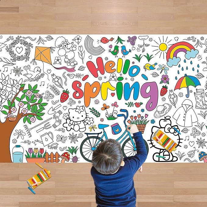 Spring Giant Coloring Tablecloth,Spring Crafts for Kids - 72x30 Inches, Paper Coloring Banner Games Activities Gifts Party Decorations