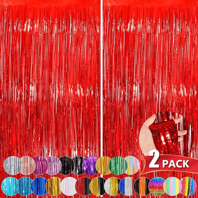 Red Metallic Tinsel Foil Fringe Curtains, 2 Pack 3.3x8.3 Feet Party Streamer for Birthday Party Decorations, Valentines Day Decorations, Foil Curtain for Wedding