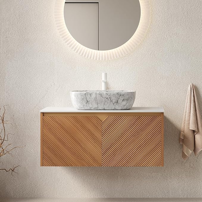 Floating Bathroom Vanity with Sink, 36 Inch Fluted Vanity with Vessel Sink, Modern Bathroom Vanity Cabinet with 2 Doors, Oval Marble Vessel Ceramic Sink & Sintered Stone Top, Oak
