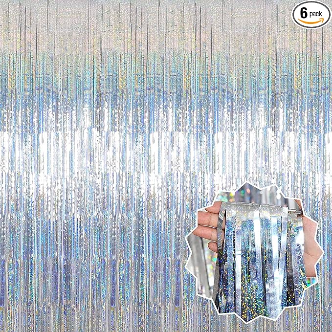 6 Pack Silver Foil Fringe Curtains Backdrop, 3.28 x 8.2 Ft Metallic Streamers Tinsel Curtains Background for Photo Booth, Birthday, Christmas, Halloween, Thanksgiving, New Year Party Decorations