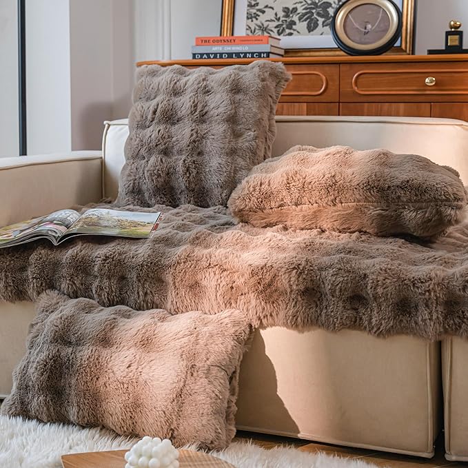 Neelvin Brown Faux Fur Cozy Soft Double-Sided Decorative Throw Pillow Covers 18x18 inch Set of 2,Velvet Pillowcase Cushion Case for Sofa Couch