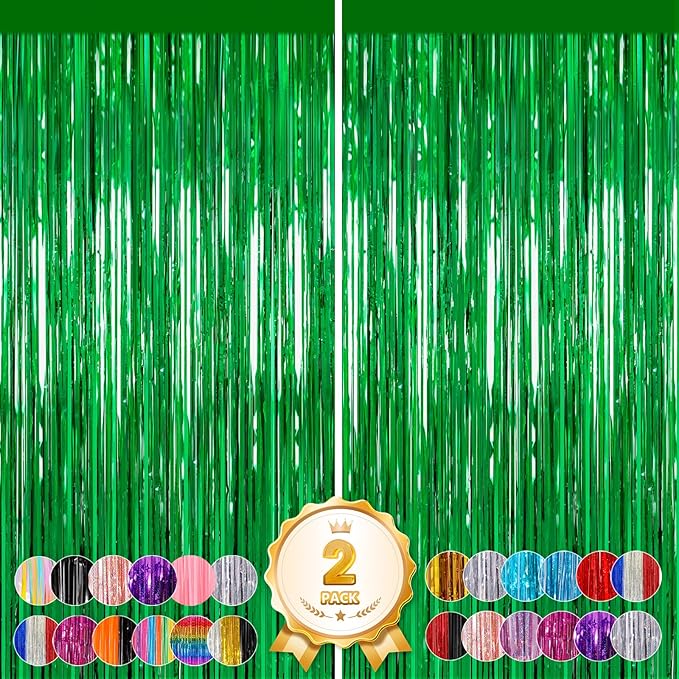 2Pack Foil Curtain Backdrop Green Metallic Tinsel Foil Fringe Curtains Photo Booth Props for Birthday Wedding Engagement Baby Shower Bachelorette St Patrick's Day Xmas Graduation Football Party Decors