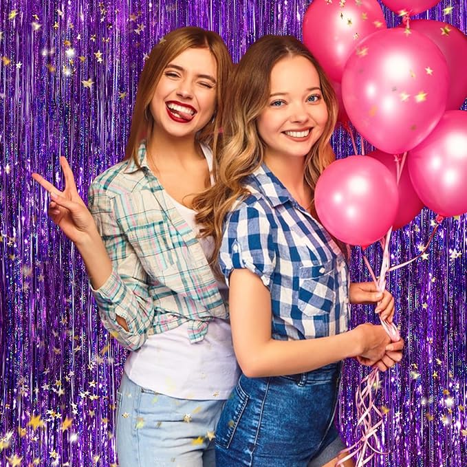 Purple Metallic Tinsel Foil Fringe Curtains, 2 Pack 3.3x8.3 Feet Party Streamer for Birthday Party Decorations, Halloween Decor, Foil Curtain Backdrop for Bachelorette Party